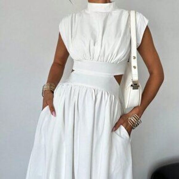 Dresses & Skirts - White Elegant Women's Hollow Pocket Cinched Waist Casual Midi Dress